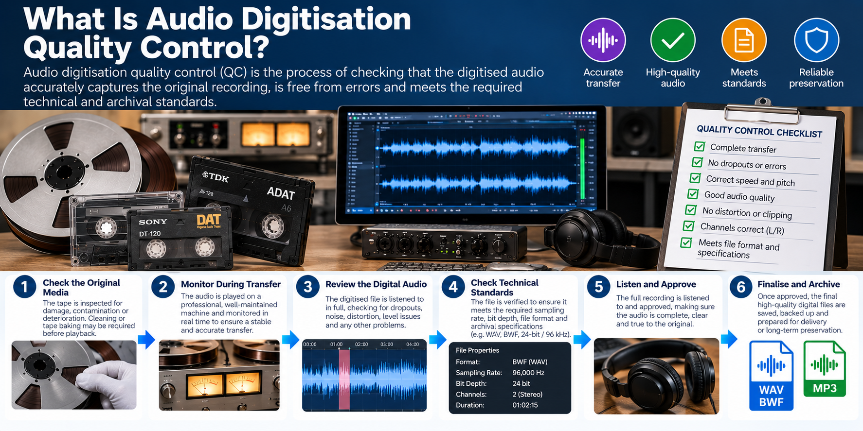Audio digitisation quality control workflow showing inspection, monitoring, review, technical checks and approval